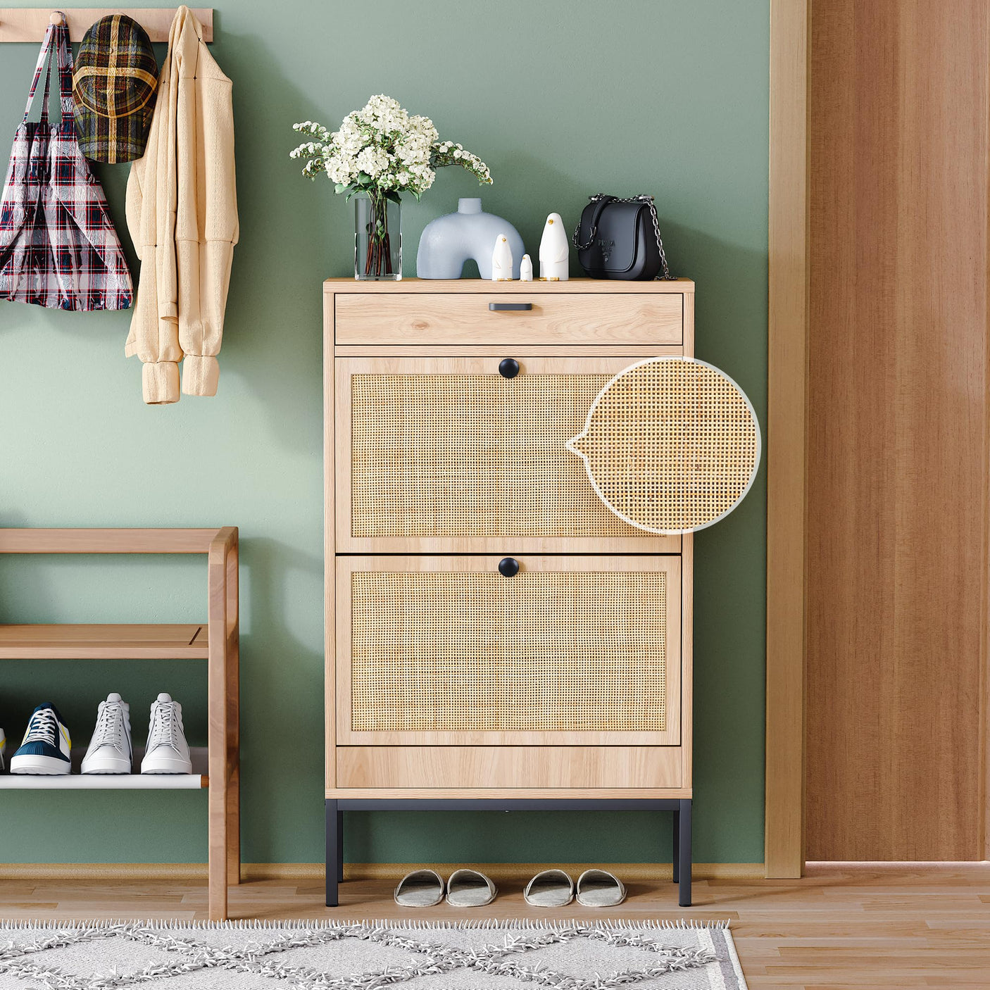 Yechen Rattan Shoe Cabinet with 2 Flip Doors & Storage Drawer, Entryway Wooden Shoe Rack Organizer, Oak
