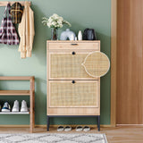 Yechen Rattan Shoe Cabinet with 2 Flip Doors & Storage Drawer, Entryway Wooden Shoe Rack Organizer, Oak