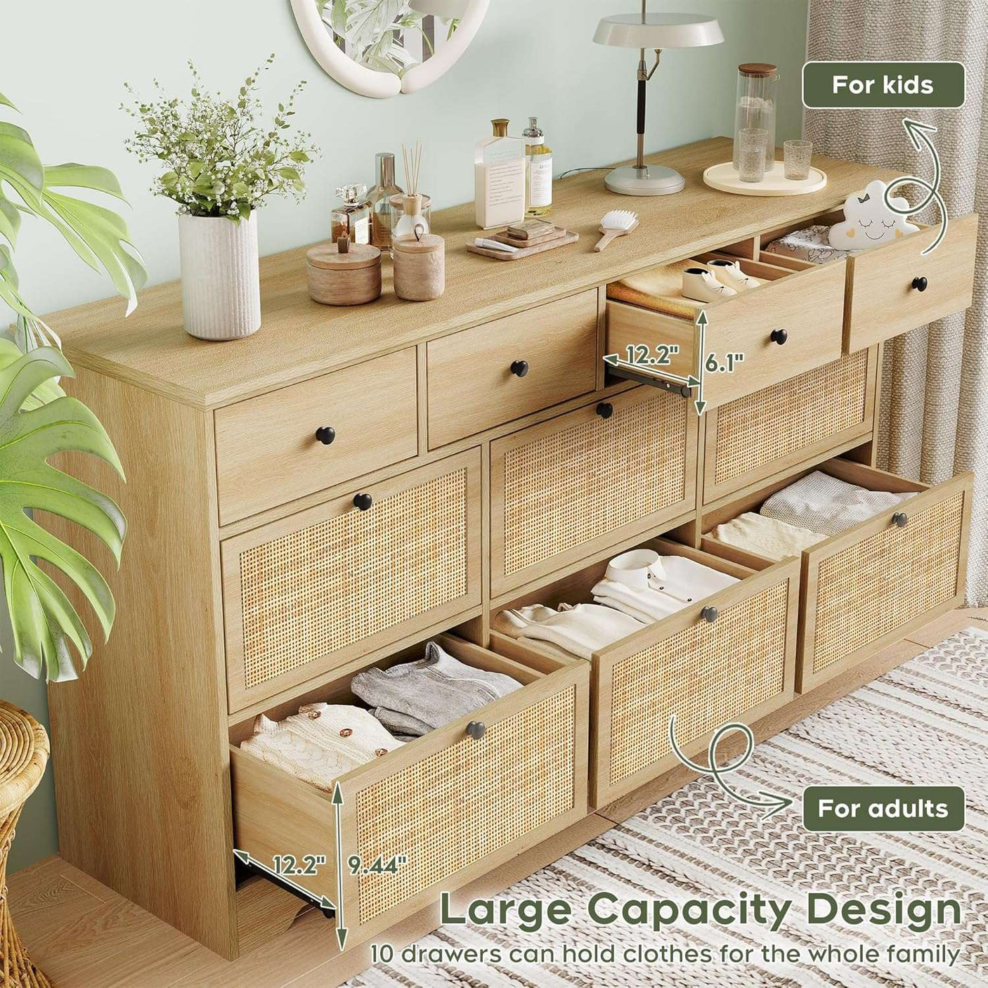 59" Wide Natural Rattan 9 Drawer Dresser