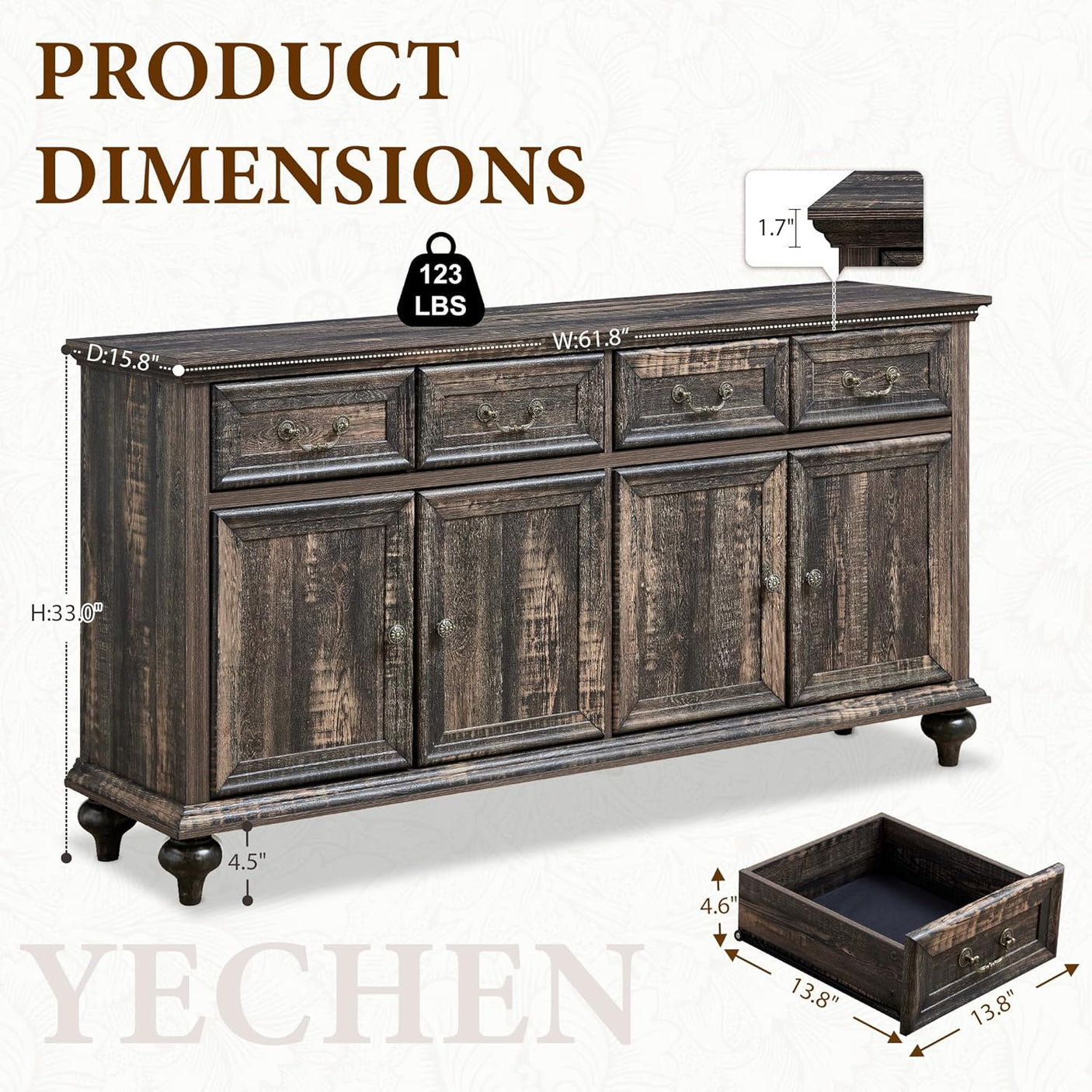 62" Large Farmhouse Buffet Cabinet with 4 Drawers & 4 Doors