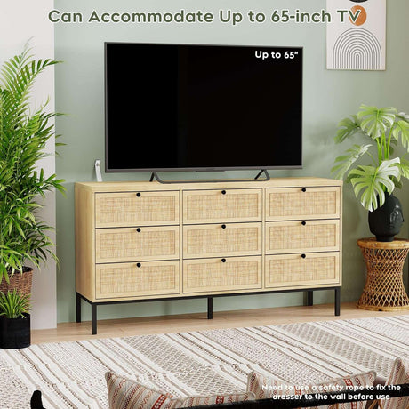 59" Wide Natural Rattan 9 Drawer Dresser