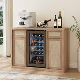 Rattan Coffee Bar Cabinet with Mini Fridge Space - Boho Sideboard with Wine Storage