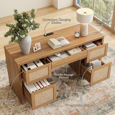 Yechen 57" Modern Rattan Executive Desk with 5 Drawers