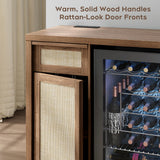 Rattan Coffee Bar Cabinet with Mini Fridge Space - Boho Sideboard with Wine Storage