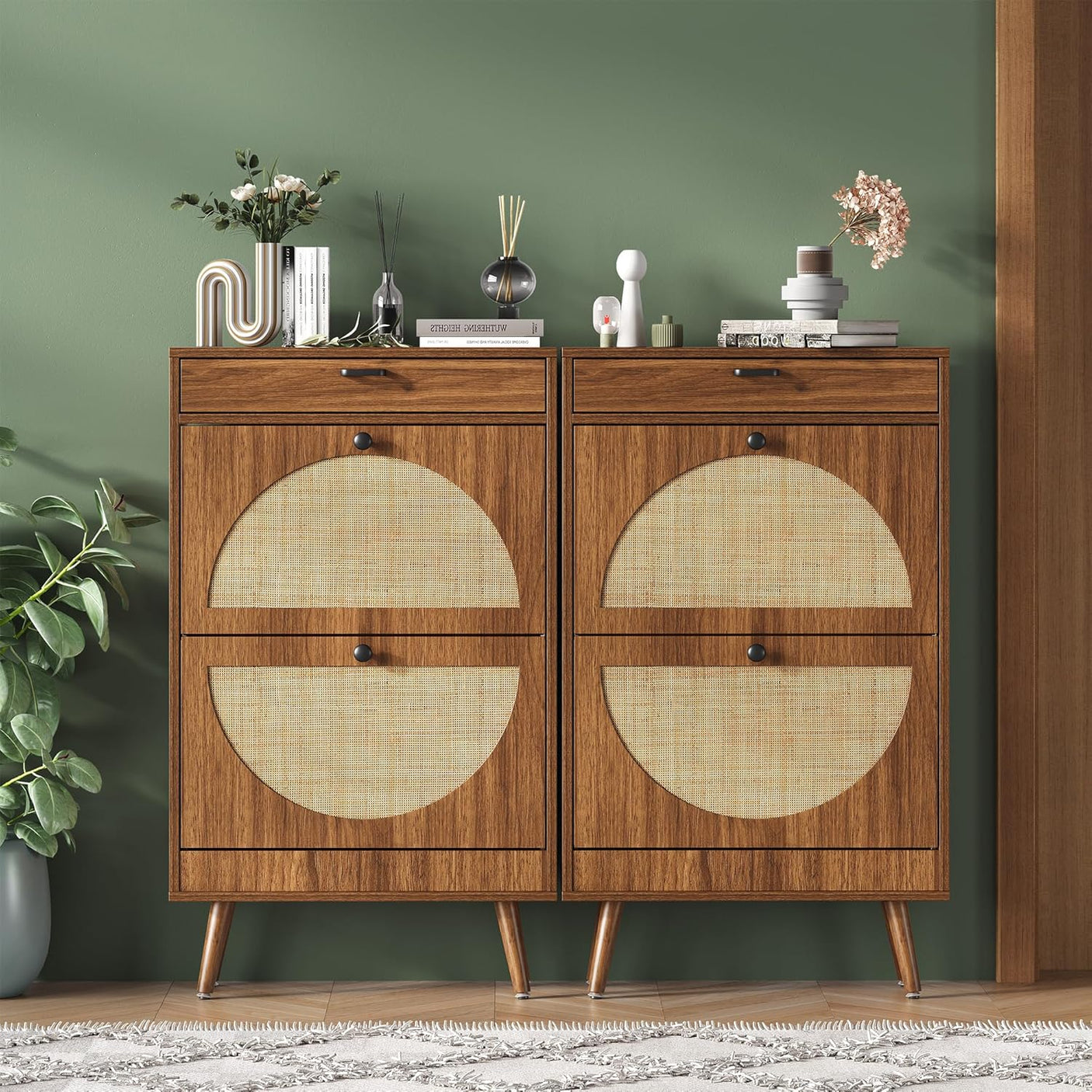 Wooden Entryway Shoe Cabinet with Rattan Doors