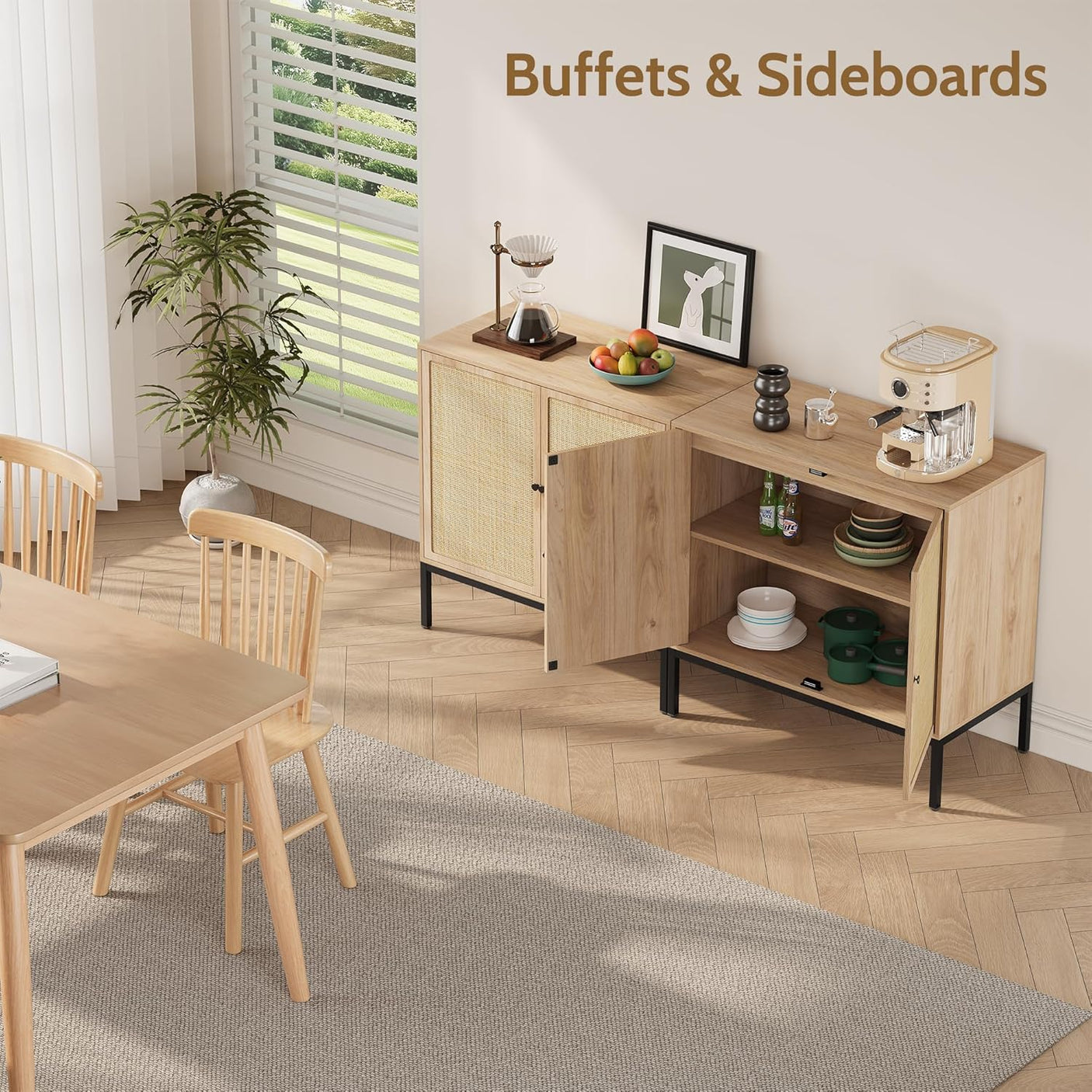 Sideboard Cabinet with Natural Rattan Decorated Doors