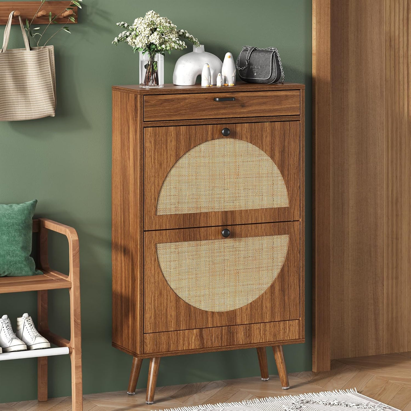 Wooden Entryway Shoe Cabinet with Rattan Doors
