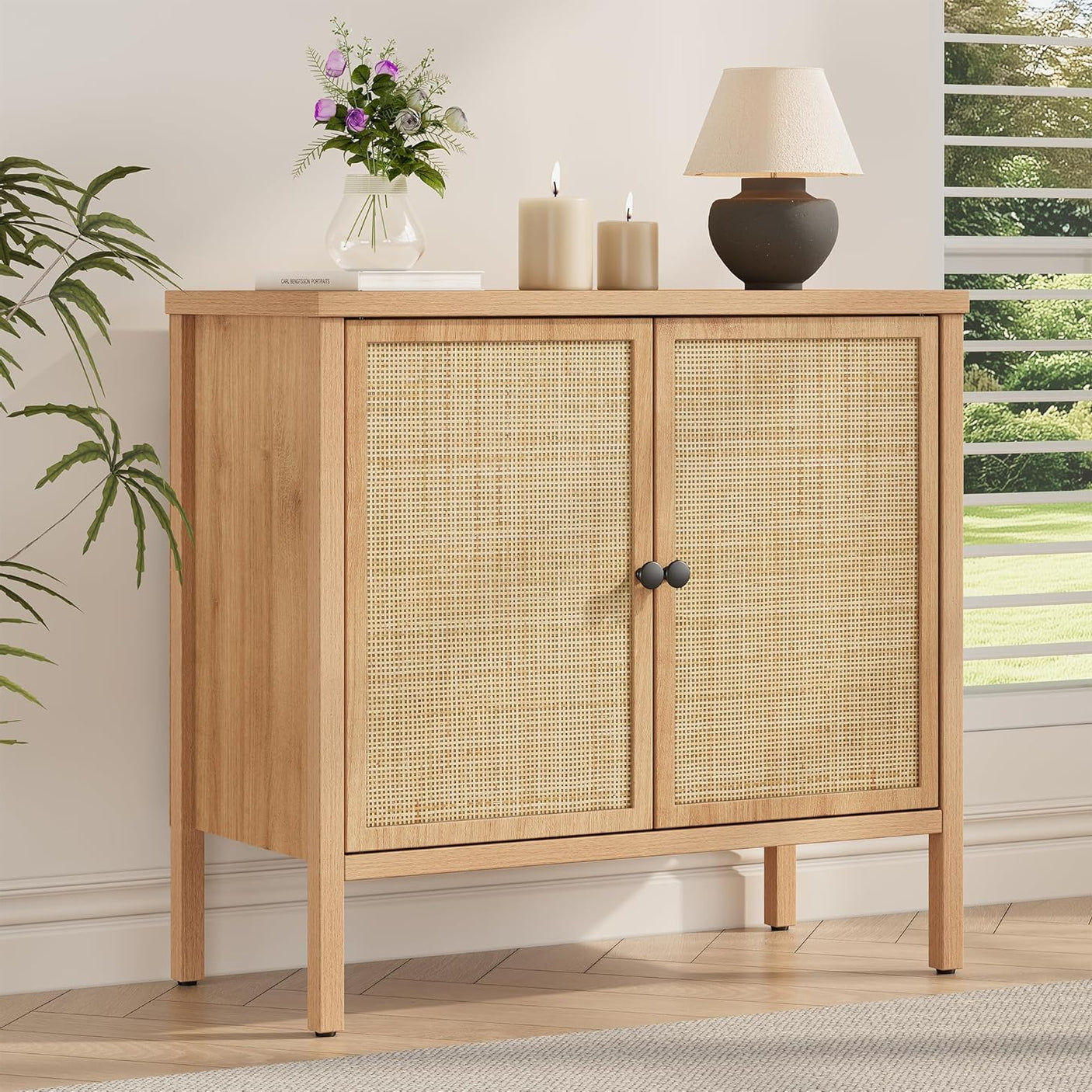 Natural Rattan Fluted Buffet Storage Cabinet