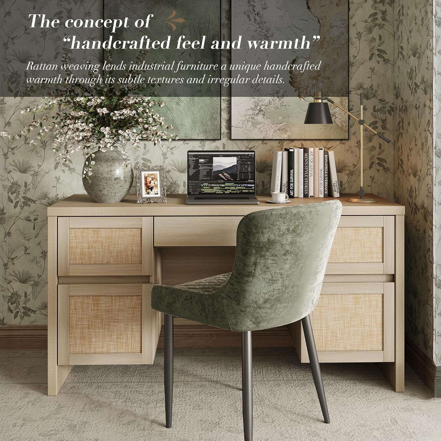 Yechen 57" Modern Rattan Executive Desk with 5 Drawers