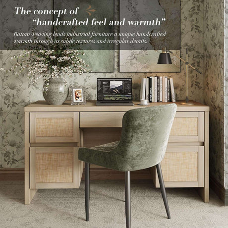 Yechen 57" Modern Rattan Executive Desk with 5 Drawers