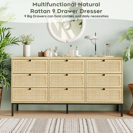 59" Wide Natural Rattan 9 Drawer Dresser