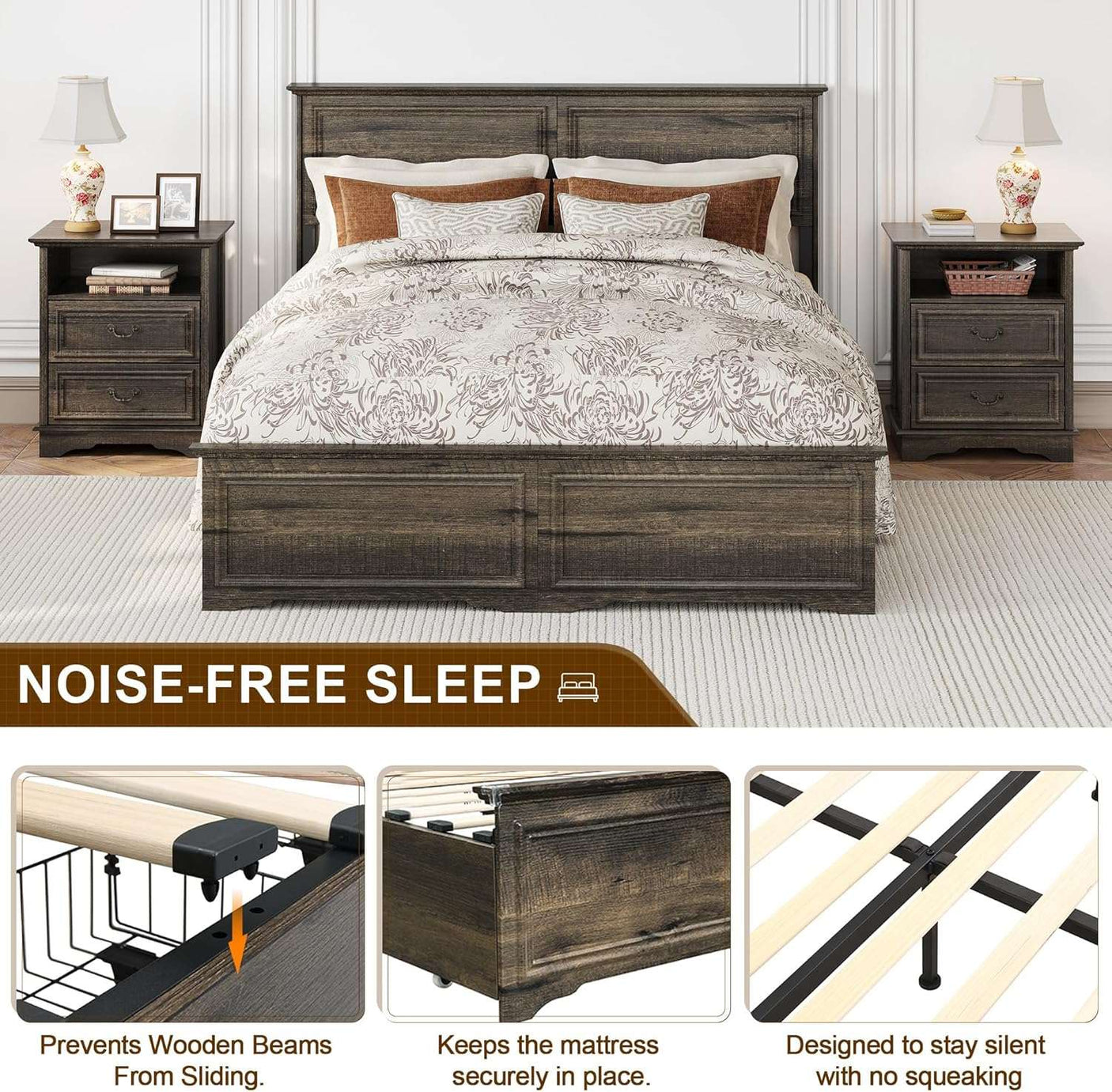 Farmhouse Queen Size Bed Frame with 4 Storage Drawers