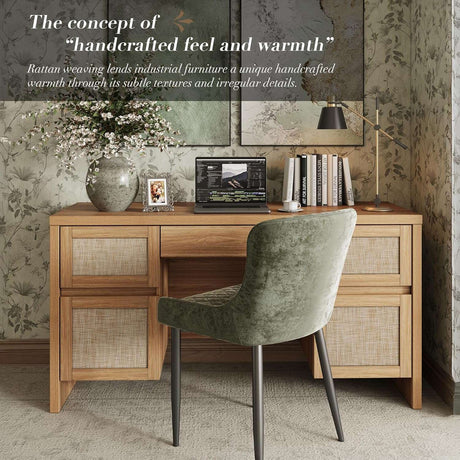 Yechen 57" Modern Rattan Executive Desk with 5 Drawers