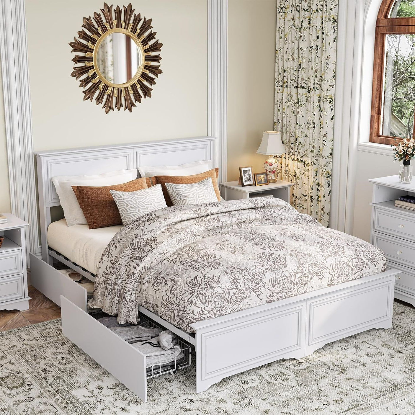 Farmhouse Queen Size Bed Frame with 4 Storage Drawers