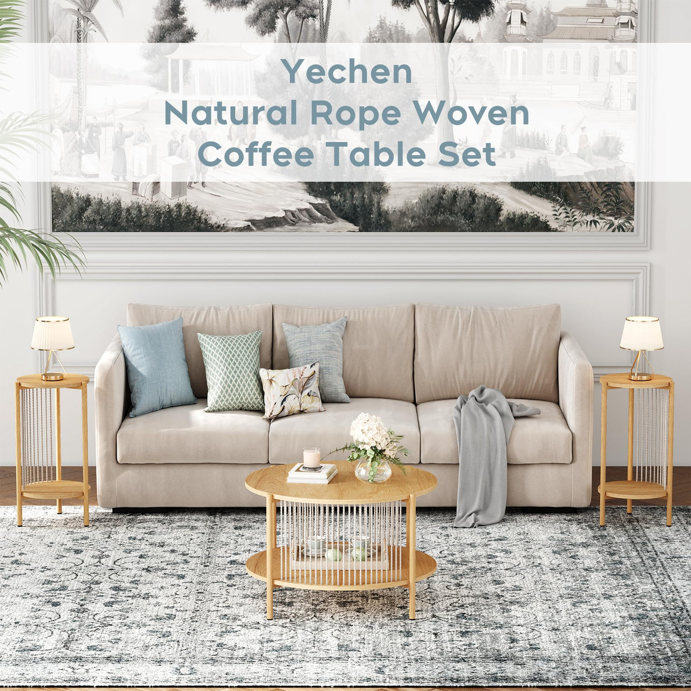 Yechen Boho Coffee Table Set of 3 – Hand-Woven Natural Rope, 2-Tier Round Wood Top & Metal Frame | Living Room Side Tables