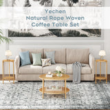 Yechen Boho Coffee Table Set of 3 – Hand-Woven Natural Rope, 2-Tier Round Wood Top & Metal Frame | Living Room Side Tables