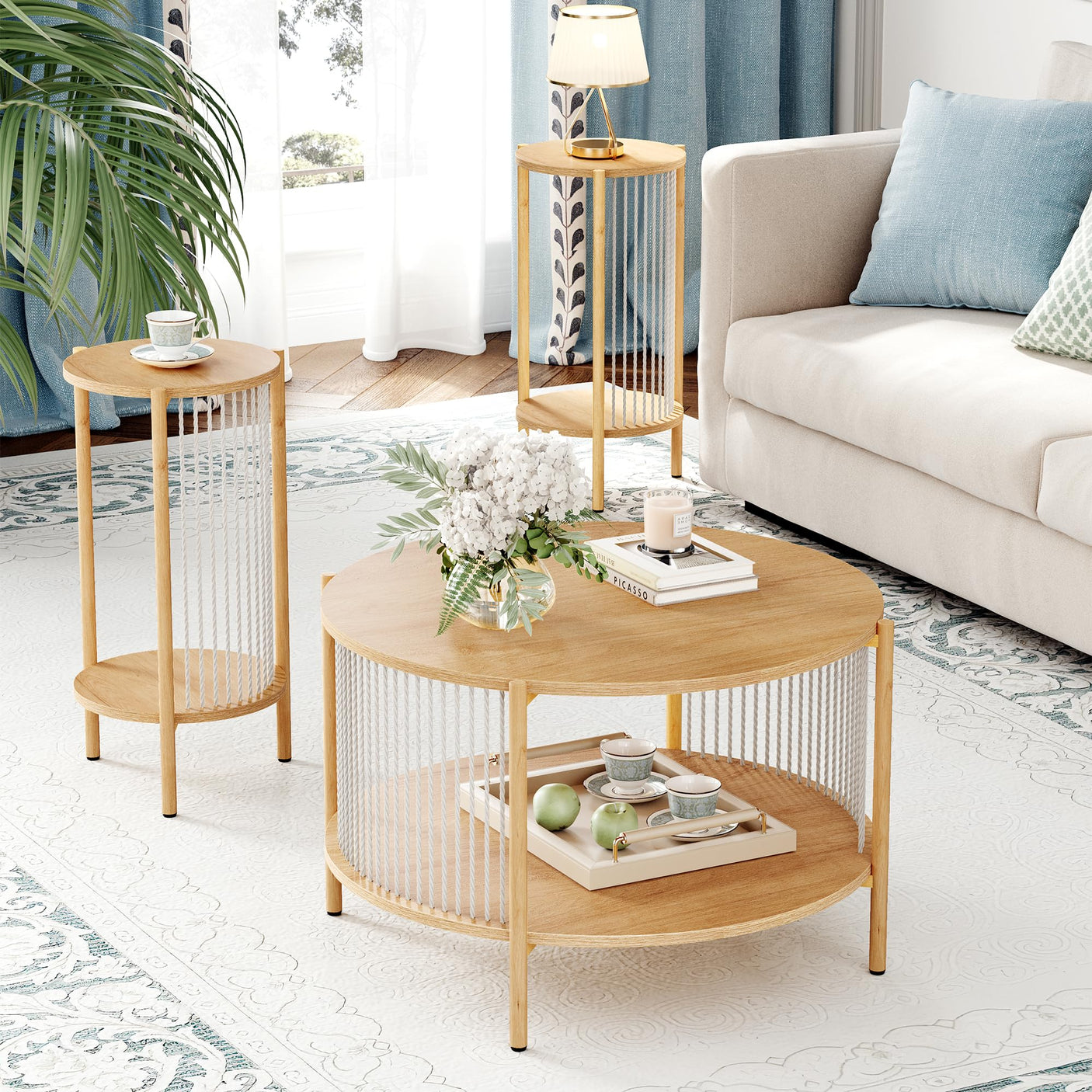 Yechen Boho Coffee Table Set of 3 – Hand-Woven Natural Rope, 2-Tier Round Wood Top & Metal Frame | Living Room Side Tables