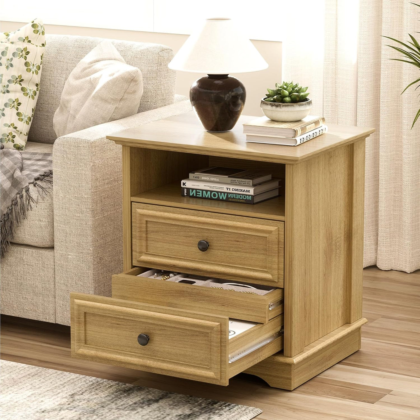 Farmhouse Mid Century Modern Nightstand, 2-Drawer 25" Tall Wood