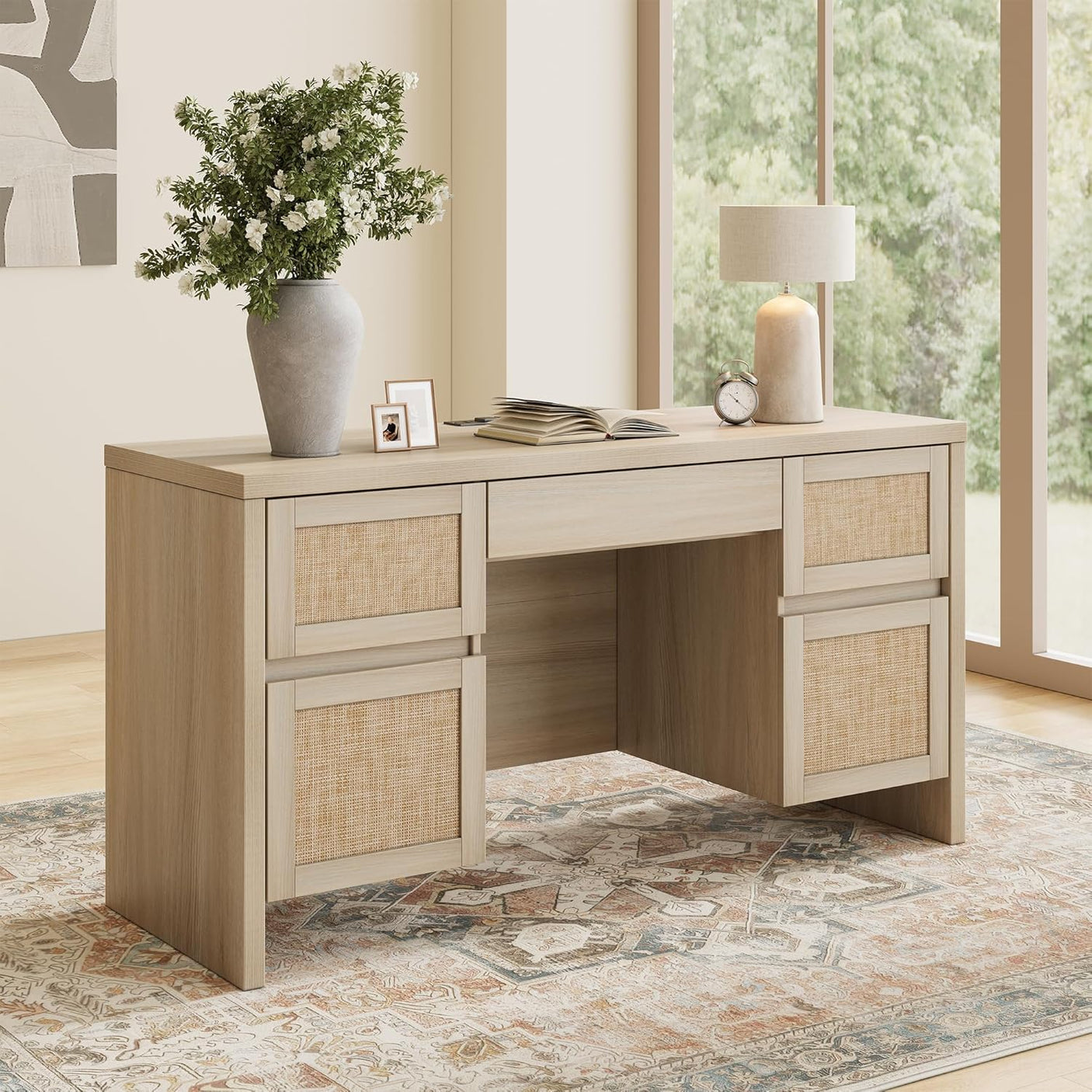Yechen 57" Modern Rattan Executive Desk with 5 Drawers