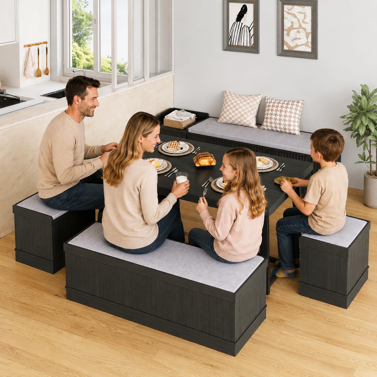 47 Inch Corner Dining Table Set with Storage Stool and Storage Bench