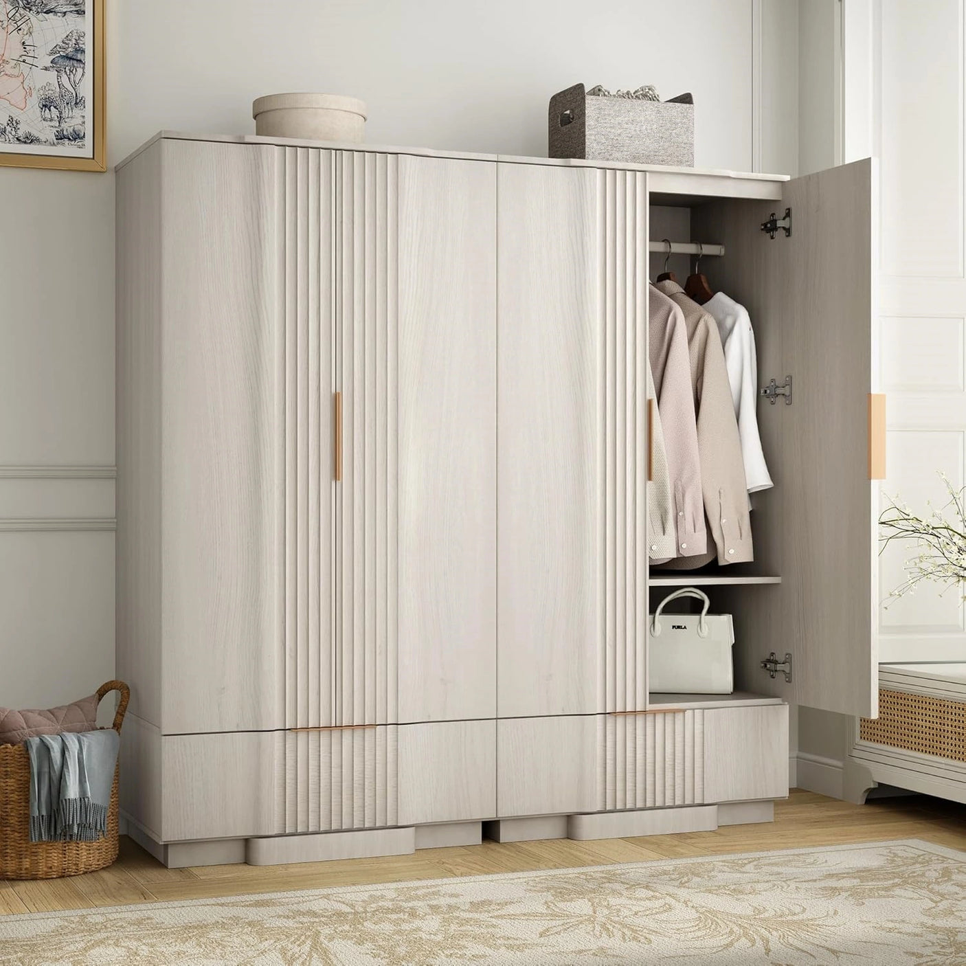 Yechen 67" Fluted White Armoire Wardrobe with Doors & Drawer - Natural Wood Closet Cabinet