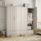 Yechen 67" Fluted White Armoire Wardrobe with Doors & Drawer - Natural Wood Closet Cabinet