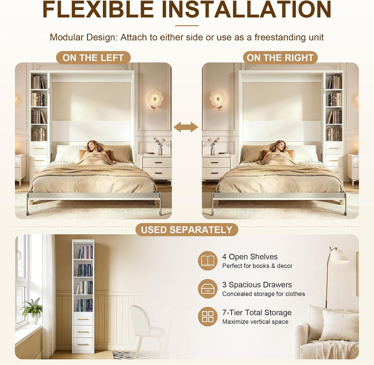 White Queen Murphy Bed with Desk & Dual Cabinets | Yechen Home