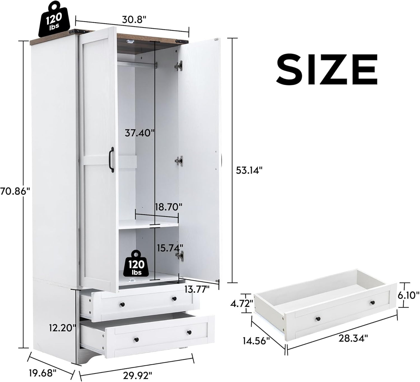 Yechen 71" Armoire Wardrobe Closet with Hanging Rod, Adjustable Shelves & 2 Drawers — White