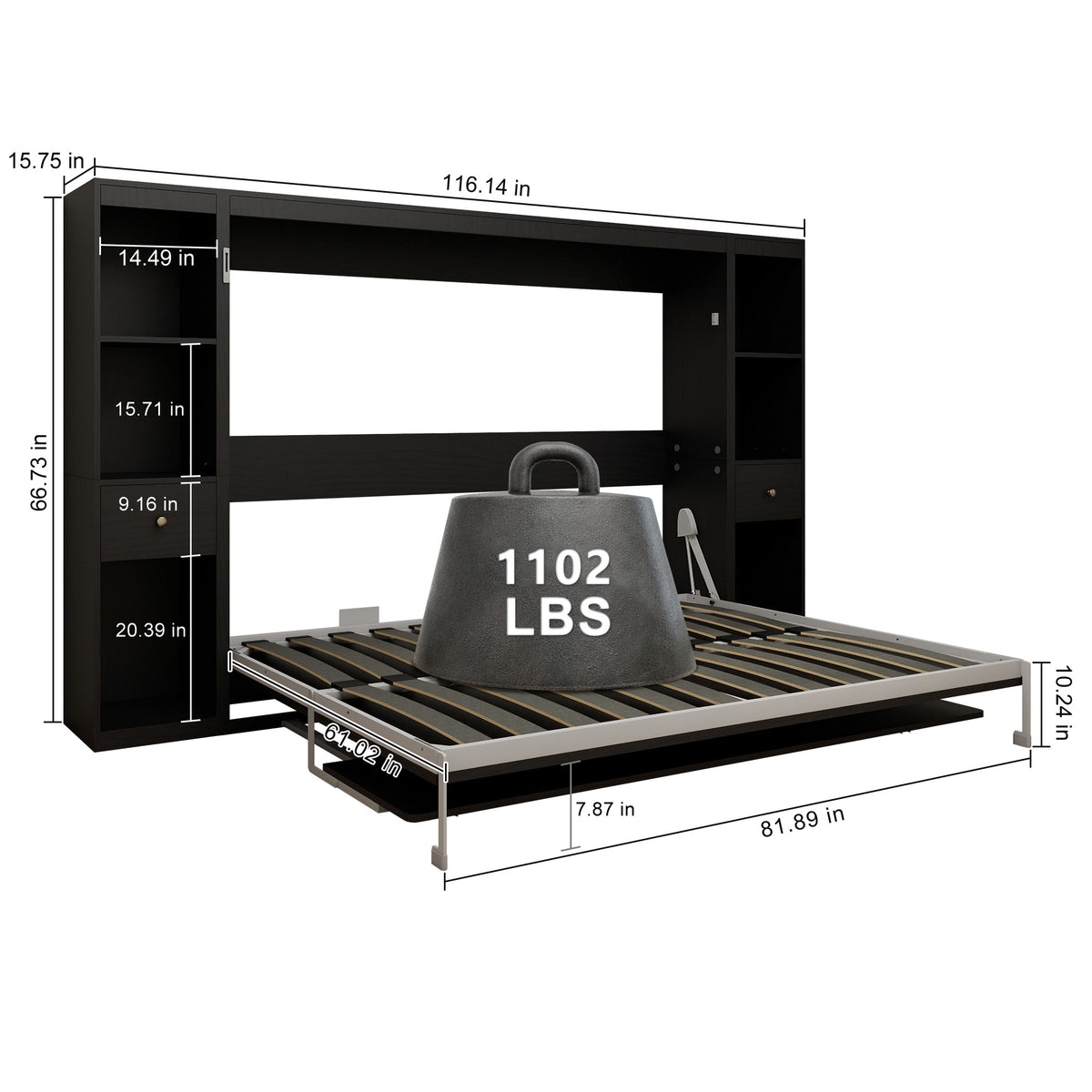 Queen Horizontal Murphy Bed with Desk & Storage – Black