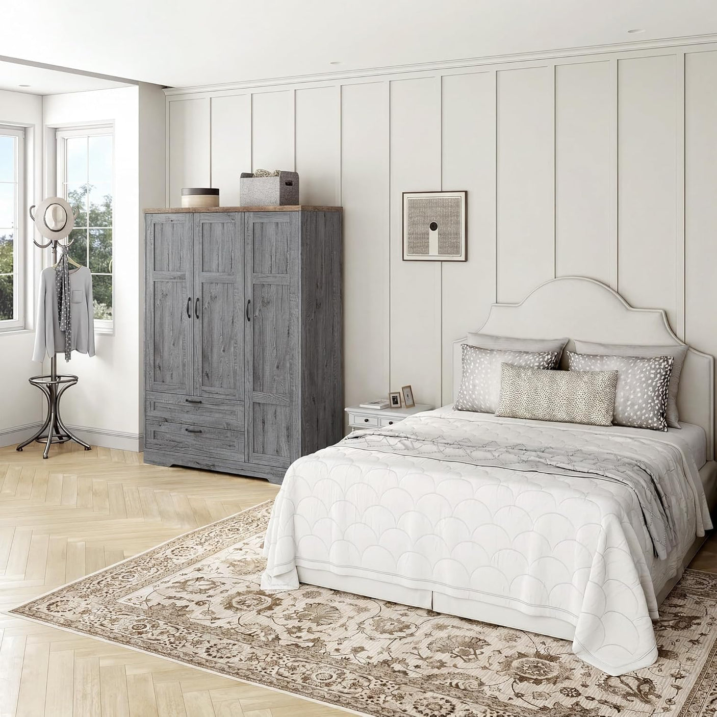 Yechen 3-Door Wooden Wardrobe Closet with Mirror, Drawers & Shelves, Farmhouse Armoire for Bedroom