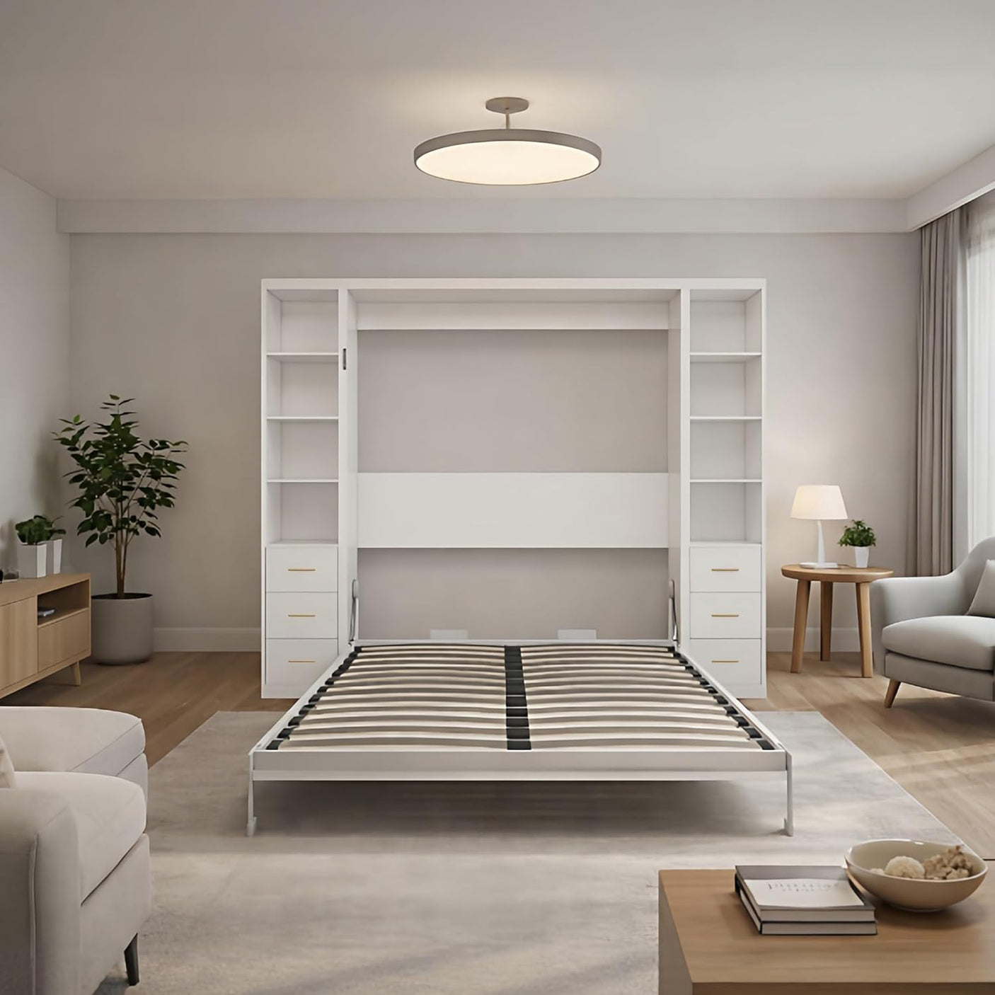 Queen Murphy Bed with Dual Side Storage Cabinets & Bookshelves | Space-Saving Wall Bed | Yechen Home