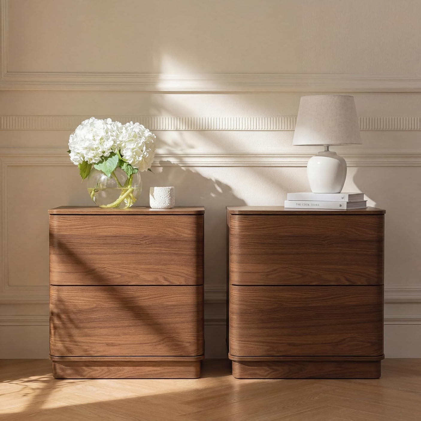 Curved Nightstand with Hidden Drawer | Mid-Century Modern Bedside Table | Walnut