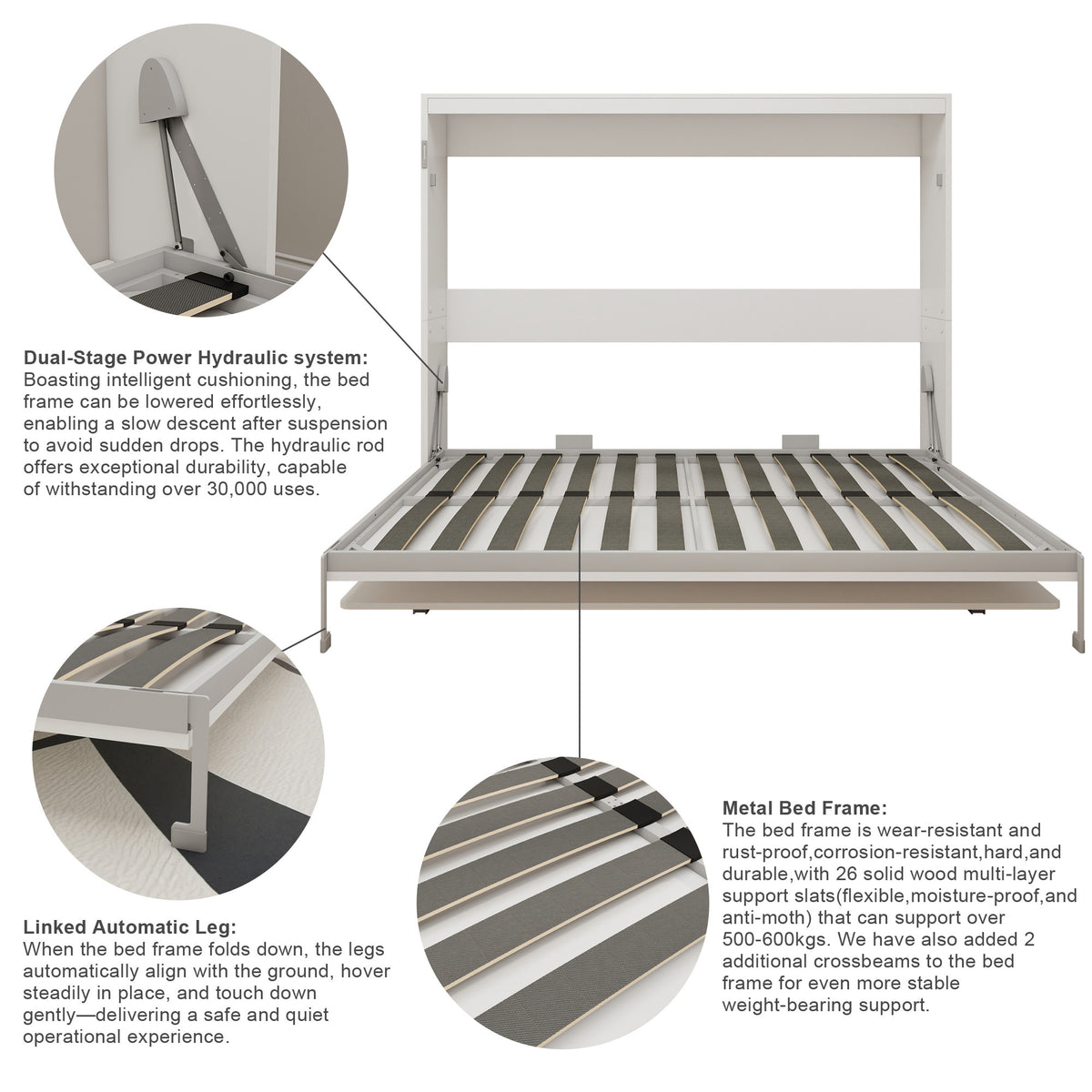 Queen Horizontal Murphy Bed with Desk – White