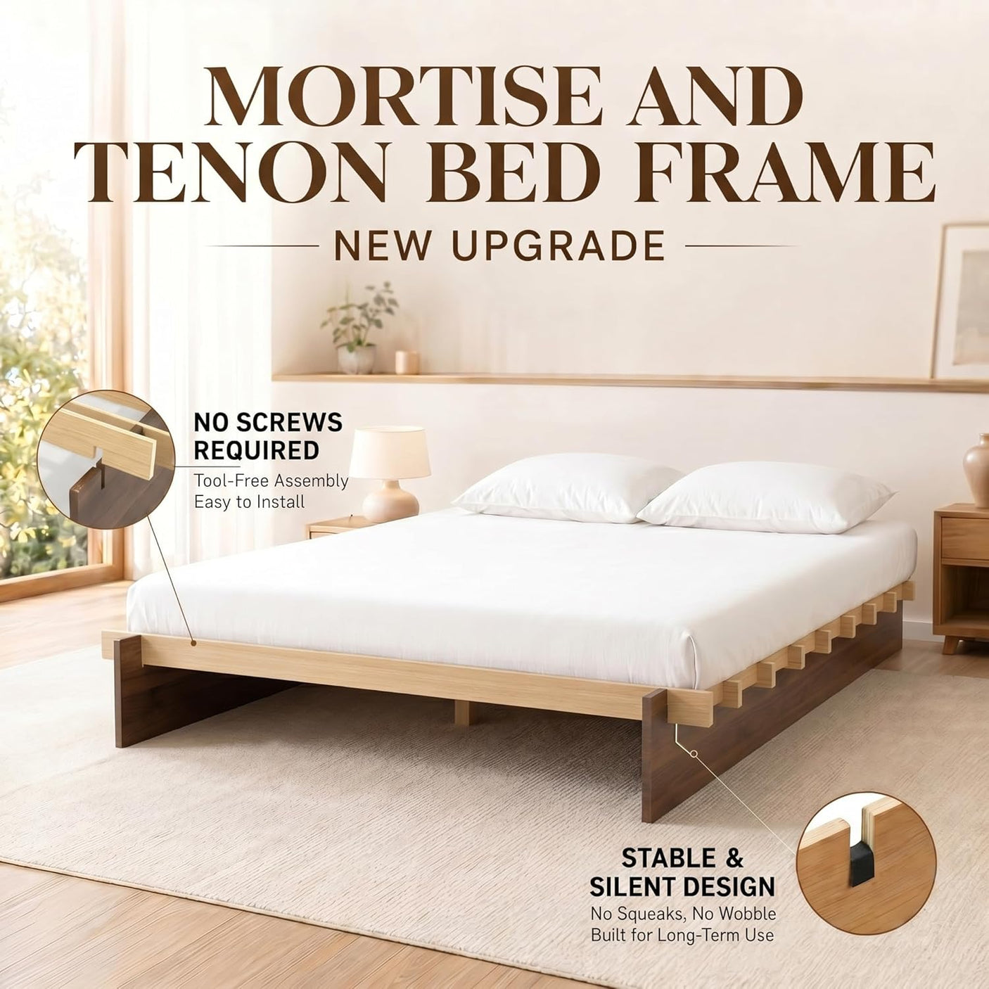 Yechen Solid Oak Platform Bed Frame | Dovetail Joinery, Wooden Slats, No Box Spring Needed