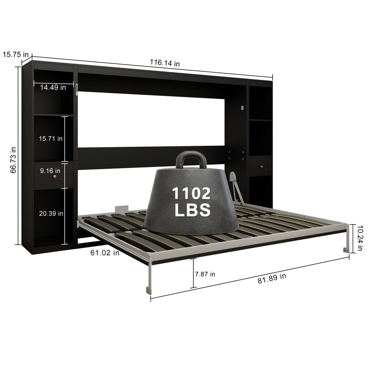 Queen Horizontal Murphy Bed with Storage Cabinets – Black