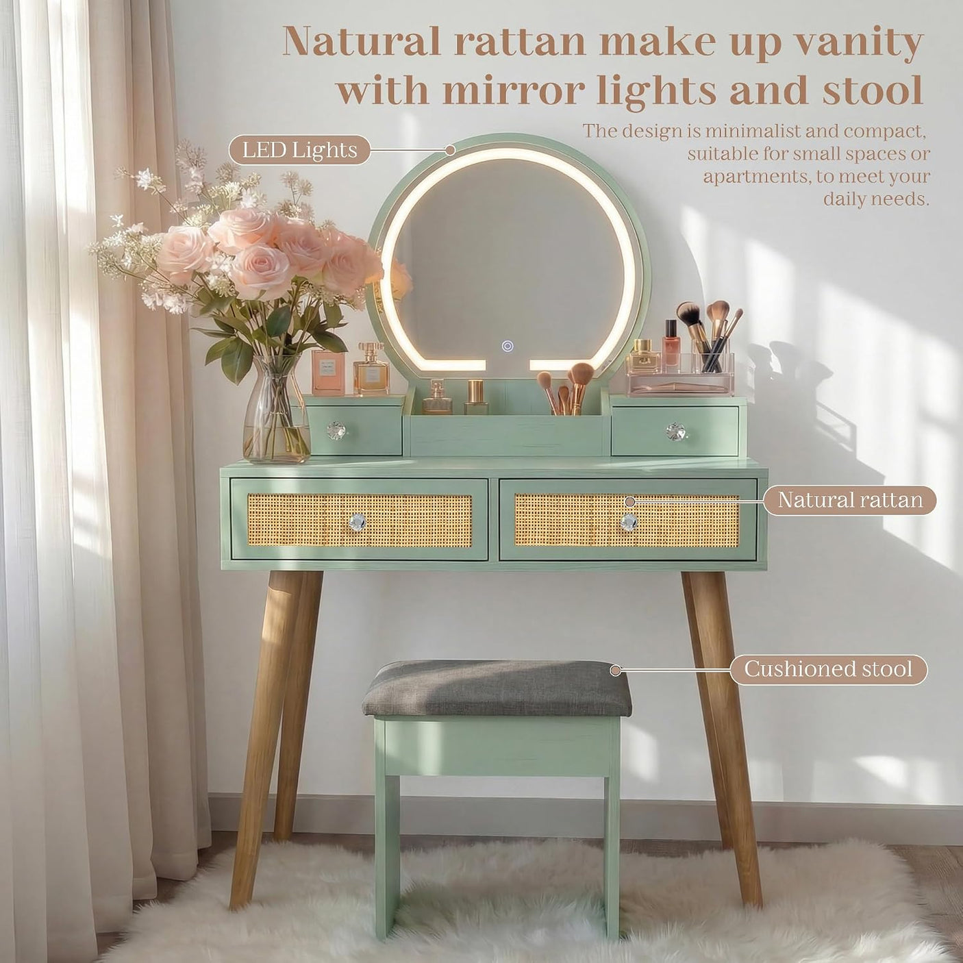 Vanity Desk Set with LED Mirror and Stool, 31" Boho Rattan Makeup Vanity Table, 3-Mode Lighted Mirror, 4 Drawers, Mint, Space-Saving for Bedroom