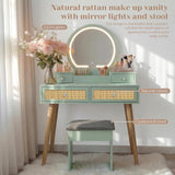 Vanity Desk Set with LED Mirror and Stool, 31" Boho Rattan Makeup Vanity Table, 3-Mode Lighted Mirror, 4 Drawers, Mint, Space-Saving for Bedroom