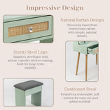 Vanity Desk Set with LED Mirror and Stool, 31" Boho Rattan Makeup Vanity Table, 3-Mode Lighted Mirror, 4 Drawers, Mint, Space-Saving for Bedroom
