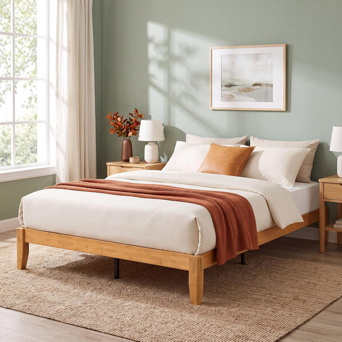 Bamboo Japanese Joinery Bed Frame | Platform Bed Frame with 4 Mattress Stoppers | Low Profile, Noise-Free, No Box Spring Needed nature