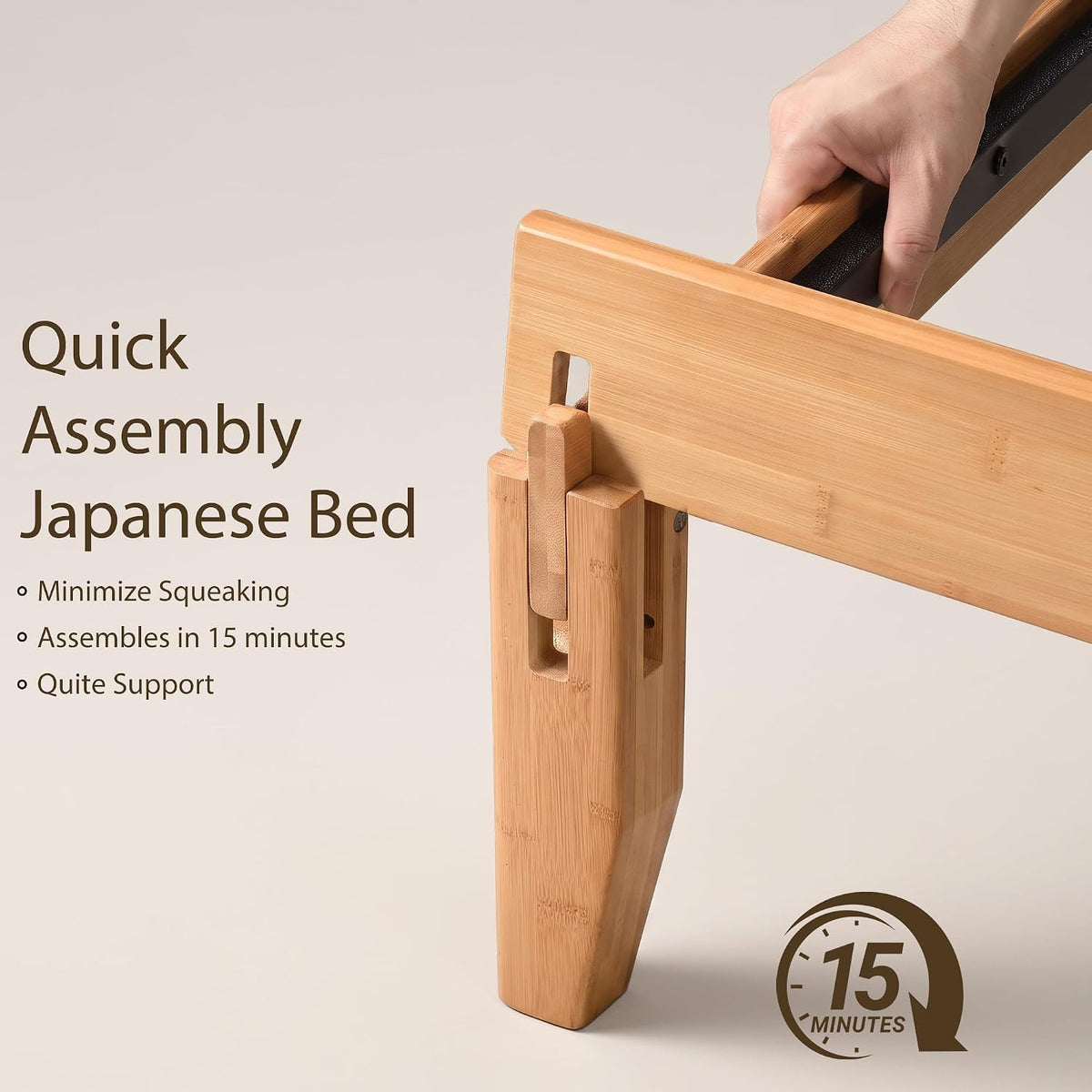 Bamboo Japanese Joinery Bed Frame | Platform Bed Frame with 4 Mattress Stoppers | Low Profile, Noise-Free, No Box Spring Needed nature 6