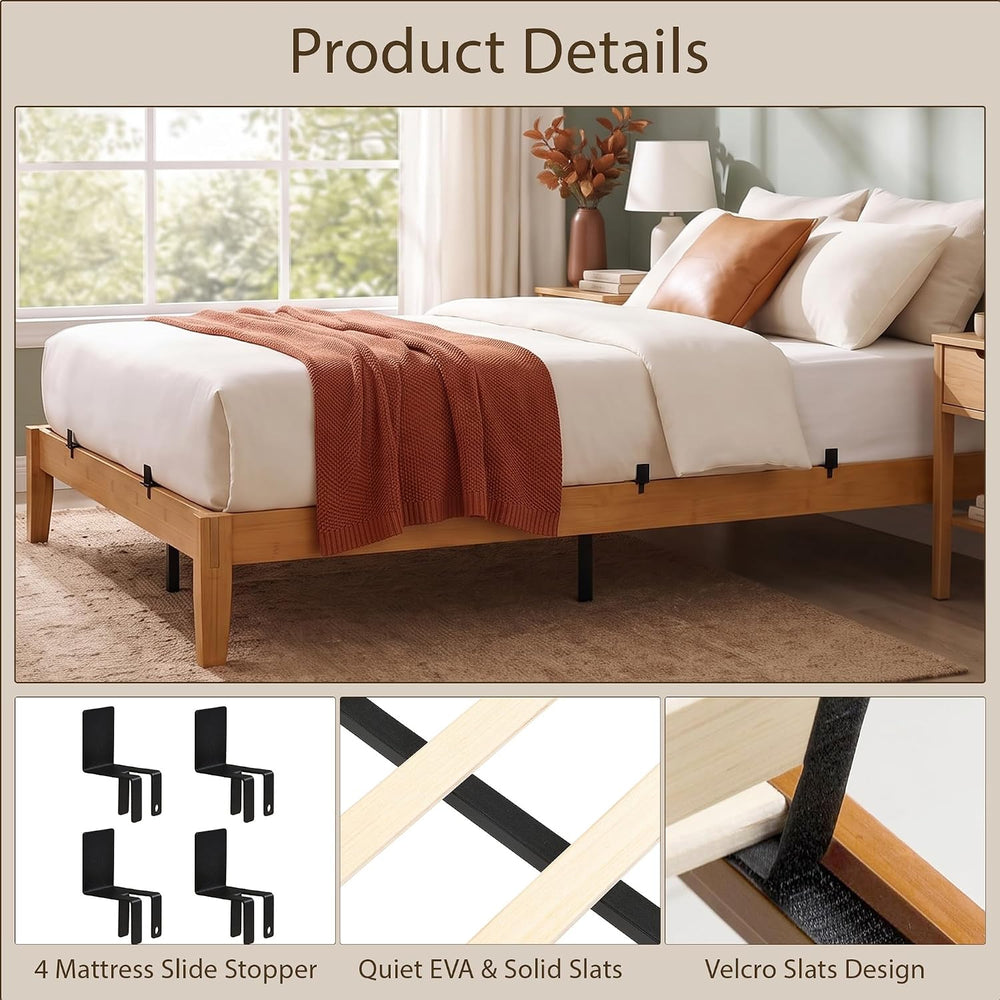 Bamboo Japanese Joinery Bed Frame | Platform Bed Frame with 4 Mattress Stoppers | Low Profile, Noise-Free, No Box Spring Needed