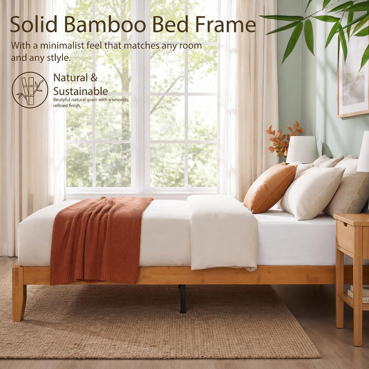 Bamboo Japanese Joinery Bed Frame | Platform Bed Frame with 4 Mattress Stoppers | Low Profile, Noise-Free, No Box Spring Needed nature Bed frame