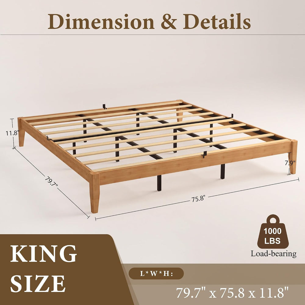 Bamboo Japanese Joinery Bed Frame | Platform Bed Frame with 4 Mattress Stoppers | Low Profile, Noise-Free, No Box Spring Needed nature king size