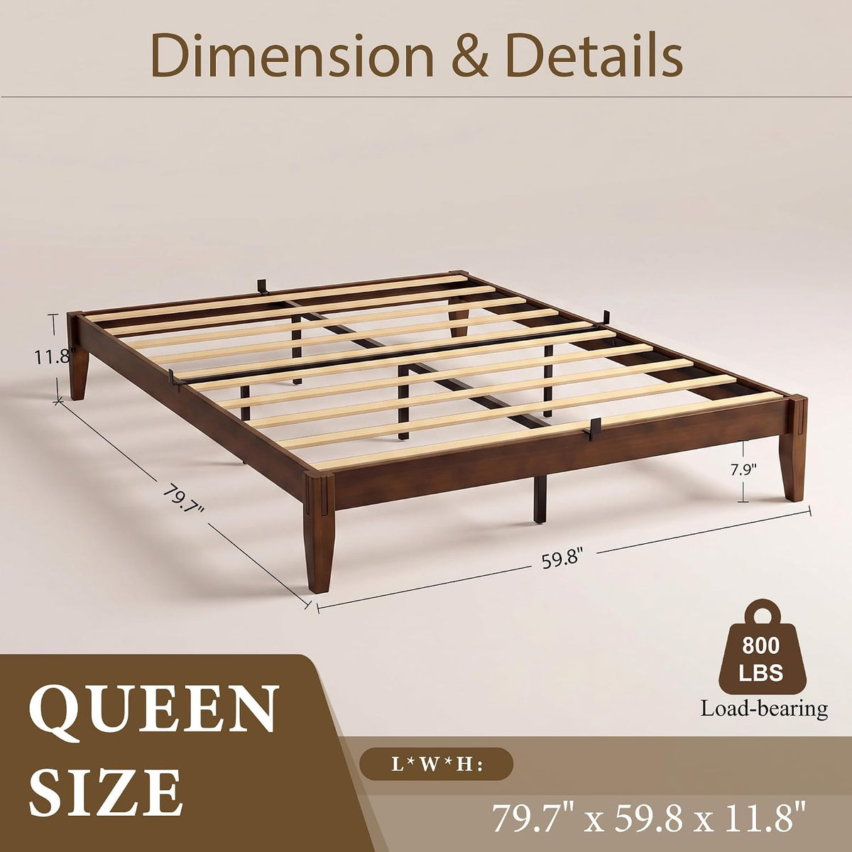 Bamboo Japanese Joinery Bed Frame | Platform Bed Frame with 4 Mattress Stoppers | Low Profile, Noise-Free, No Box Spring Needed walnut 2