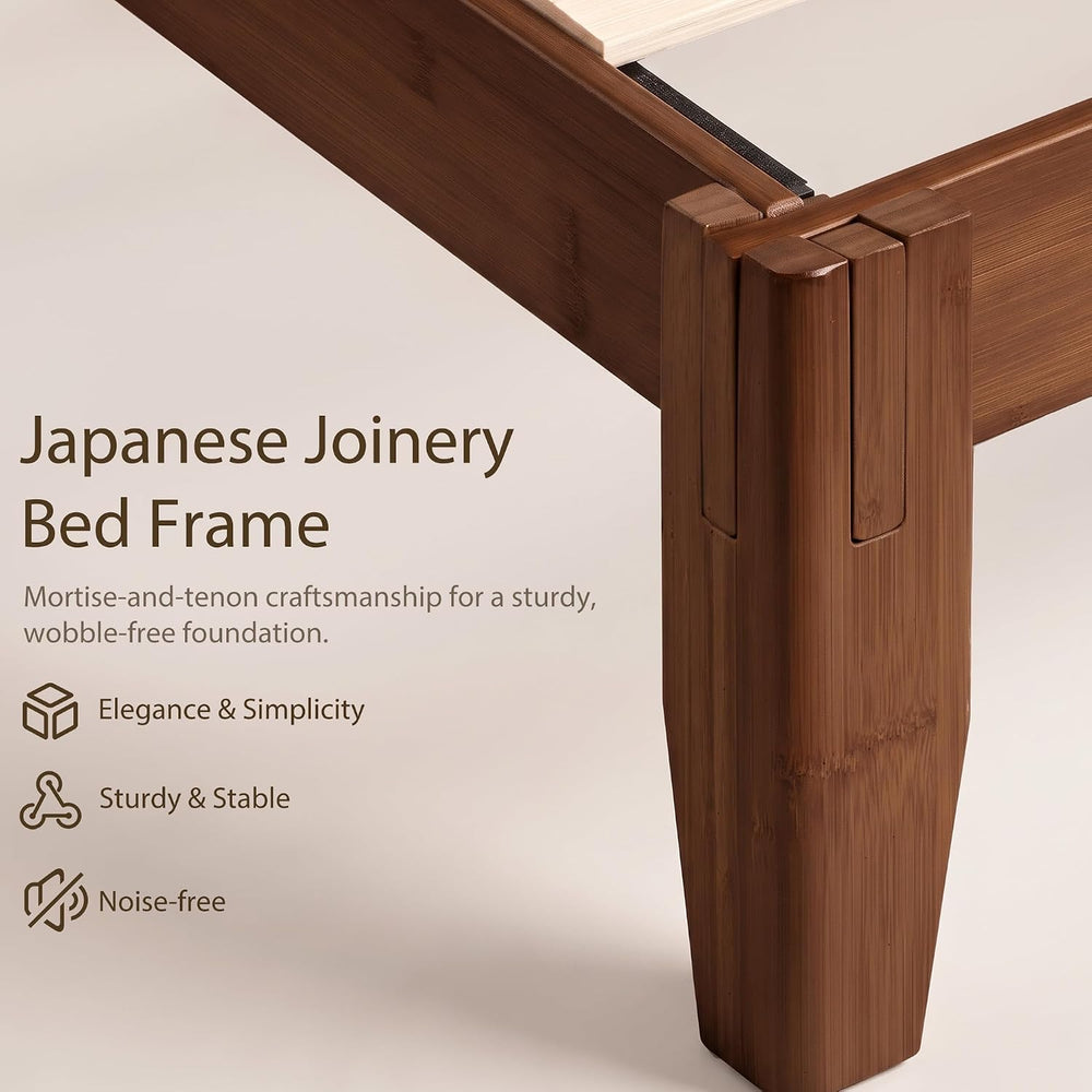 Bamboo Japanese Joinery Bed Frame | Platform Bed Frame with 4 Mattress Stoppers | Low Profile, Noise-Free, No Box Spring Needed walnut 3
