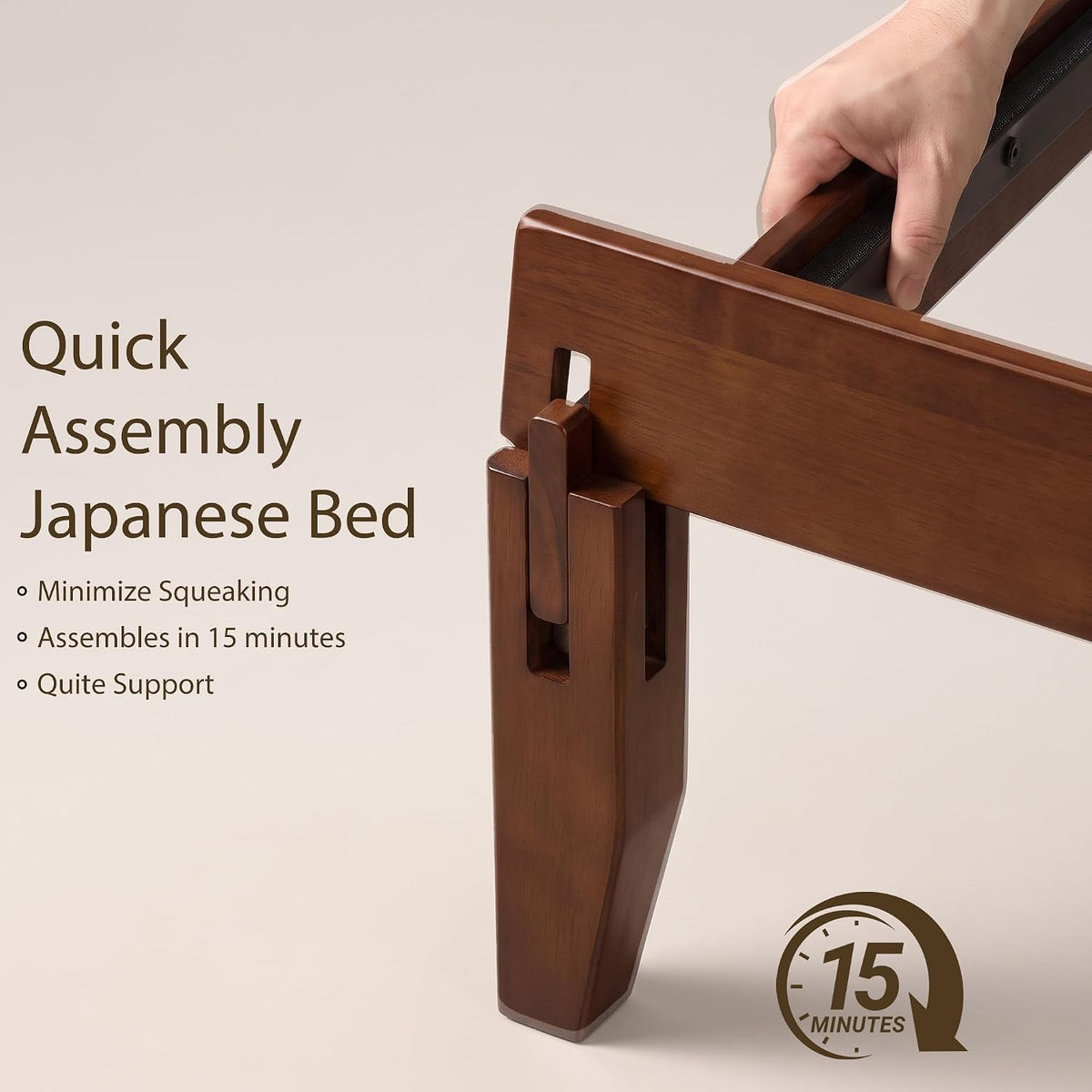 Bamboo Japanese Joinery Bed Frame | Platform Bed Frame with 4 Mattress Stoppers | Low Profile, Noise-Free, No Box Spring Needed walnut 6