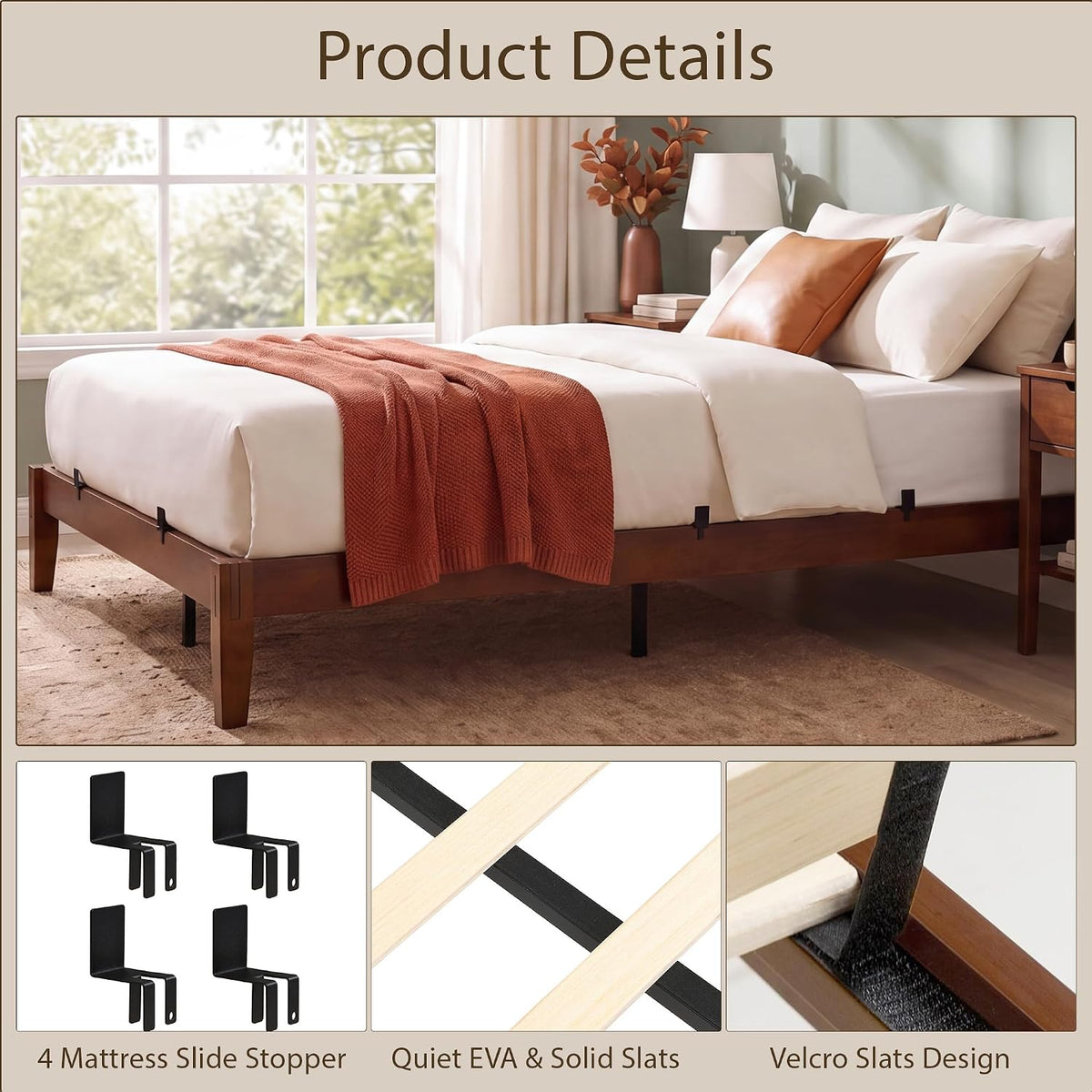 Bamboo Japanese Joinery Bed Frame | Platform Bed Frame with 4 Mattress Stoppers | Low Profile, Noise-Free, No Box Spring Needed walnut 7