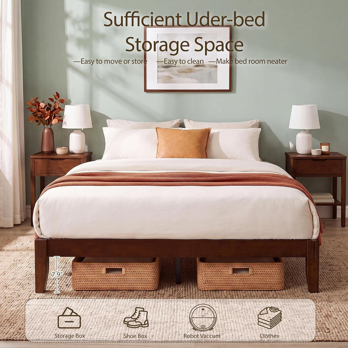 Bamboo Japanese Joinery Bed Frame | Platform Bed Frame with 4 Mattress Stoppers | Low Profile, Noise-Free, No Box Spring Needed walnut 8