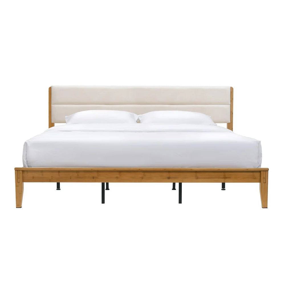 Bamboo Queen|King Bed Frame with Upholstered Headboard | Japanese Joinery | Yechen Home