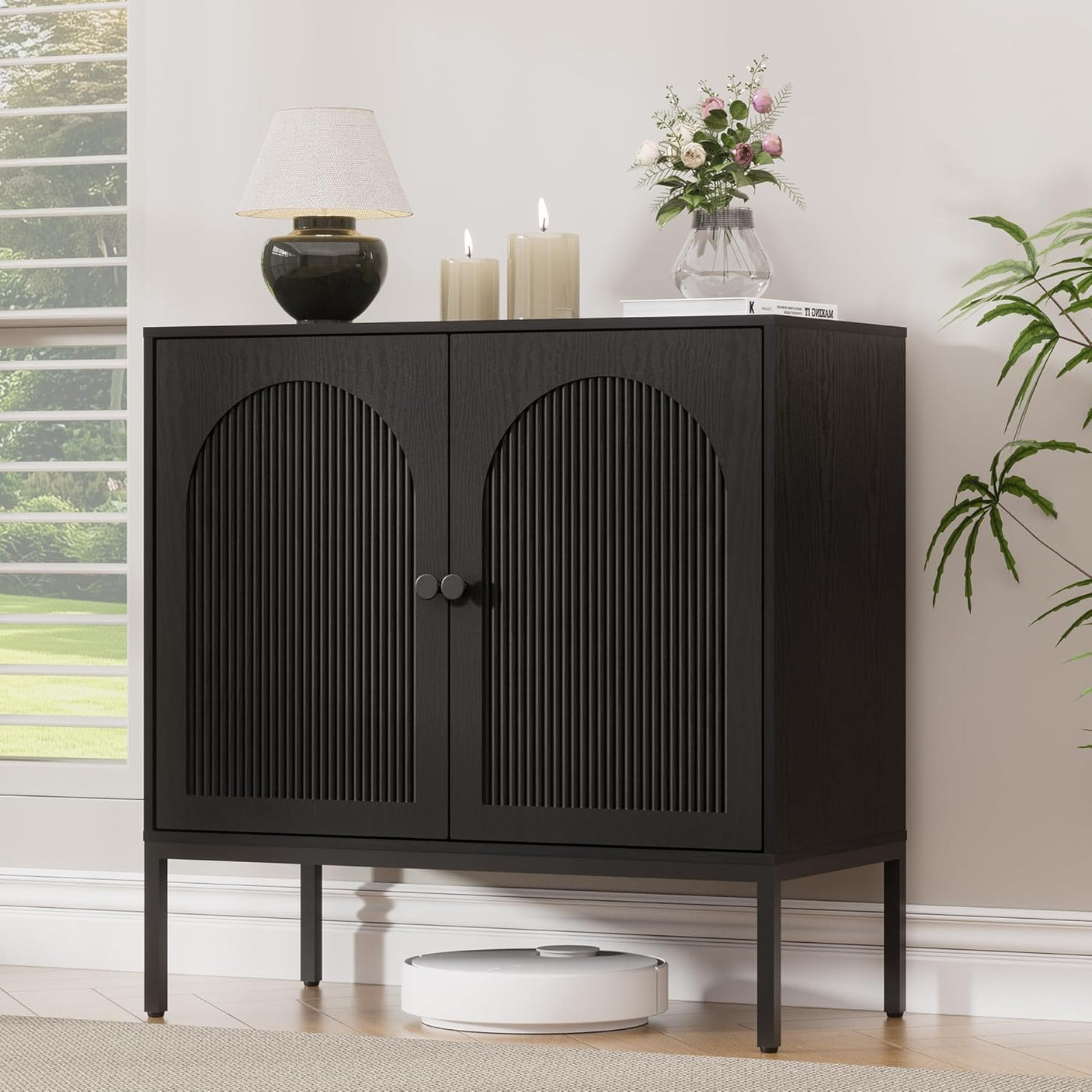 Fluted Sideboard Cabinet with Storage – 2-Door Arched Buffet Credenza | Mid-Century Modern | Walnut & Black